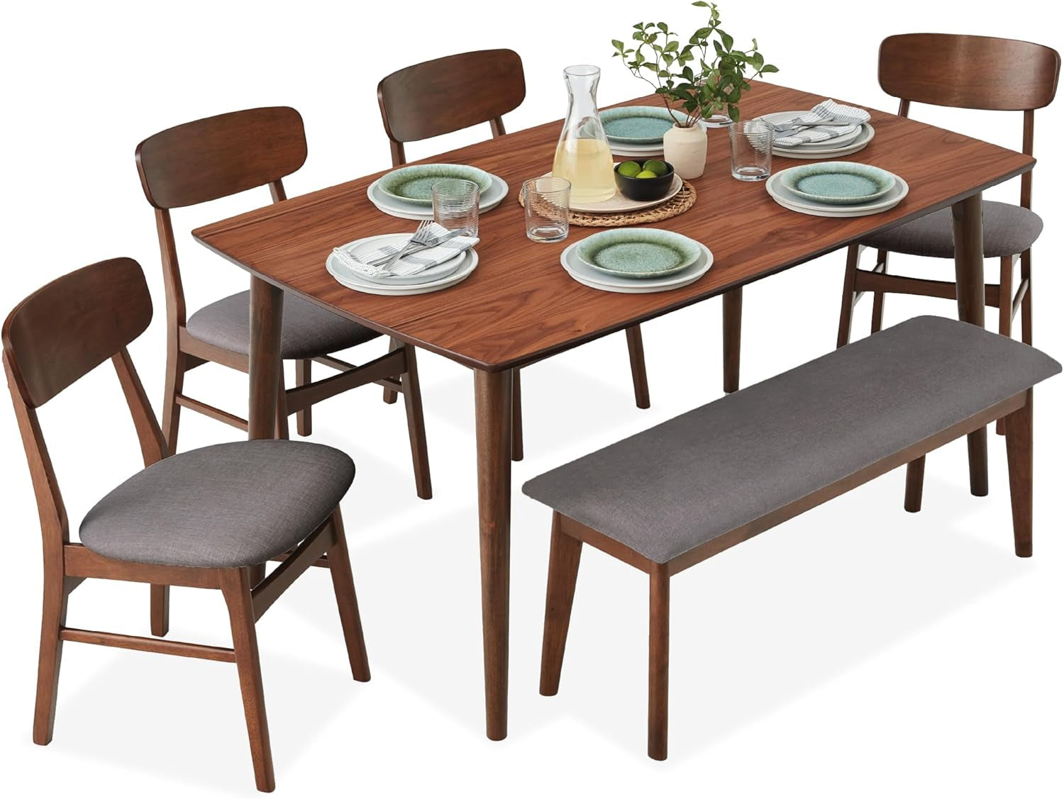 6-Piece Wooden Dining Set, Mid-Century Modern Table &amp; Upholstered Chair Set W/Bench Seat, Rubberwood Legs - Walnut/Cream