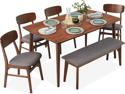 6-Piece Wooden Dining Set, Mid-Century Modern Table &amp; Upholstered Chair Set W/Bench Seat, Rubberwood Legs - Walnut/Cream