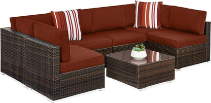 7-Piece Modular Outdoor Sectional Wicker Patio Conversation Set W/ 2 Pillows, Coffee Table, Cover Included - Gray/Navy