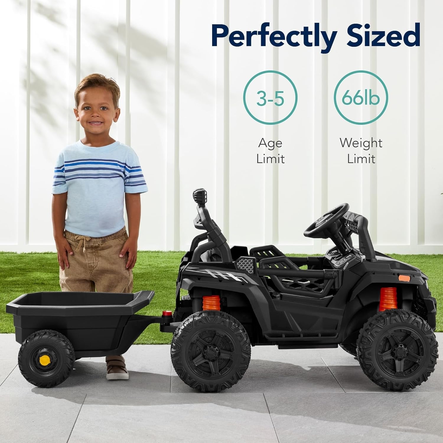 Kids 12V Electric Ride on UTV Car and Trailer W/Parent Control, LED Lights, 2 Speeds, Bluetooth - Black