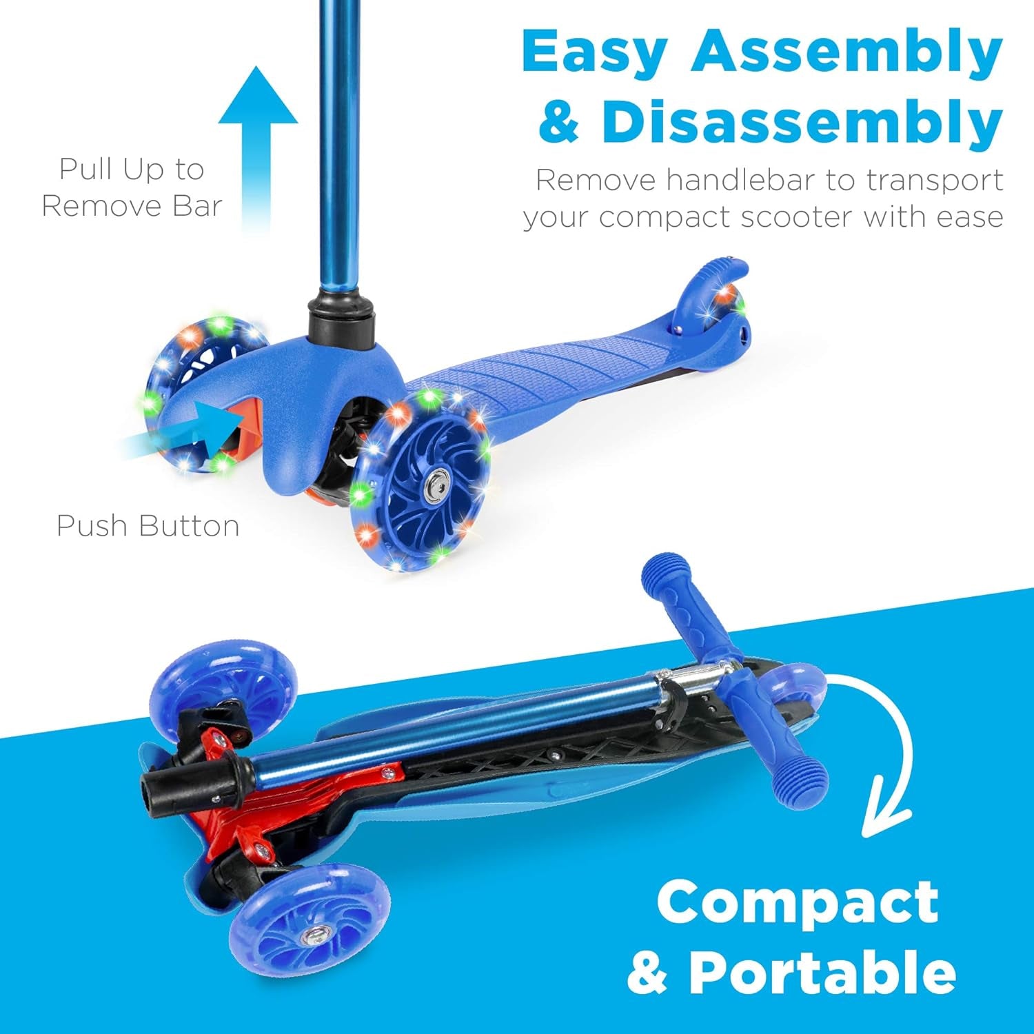 Kids Mini Kick Scooter Toy W/ Light-Up Wheels, Height Adjustable T-Bar, Foot Break - Blue