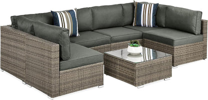 7-Piece Modular Outdoor Sectional Wicker Patio Conversation Set W/ 2 Pillows, Coffee Table, Cover Included - Gray/Navy