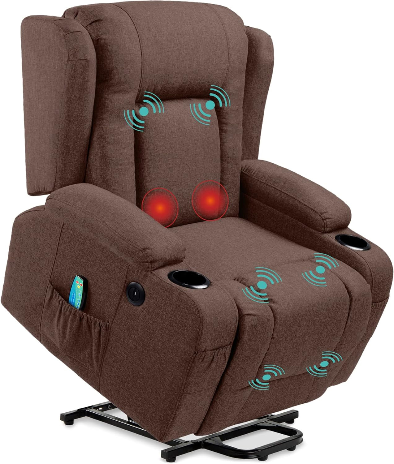 Modern Linen Electric Power Lift Chair, Recliner Massage Chair, Adjustable Furniture for Back, Legs W/ 3 Positions, USB Port, Heat, Cupholders, Easy-To-Reach Button - Gray