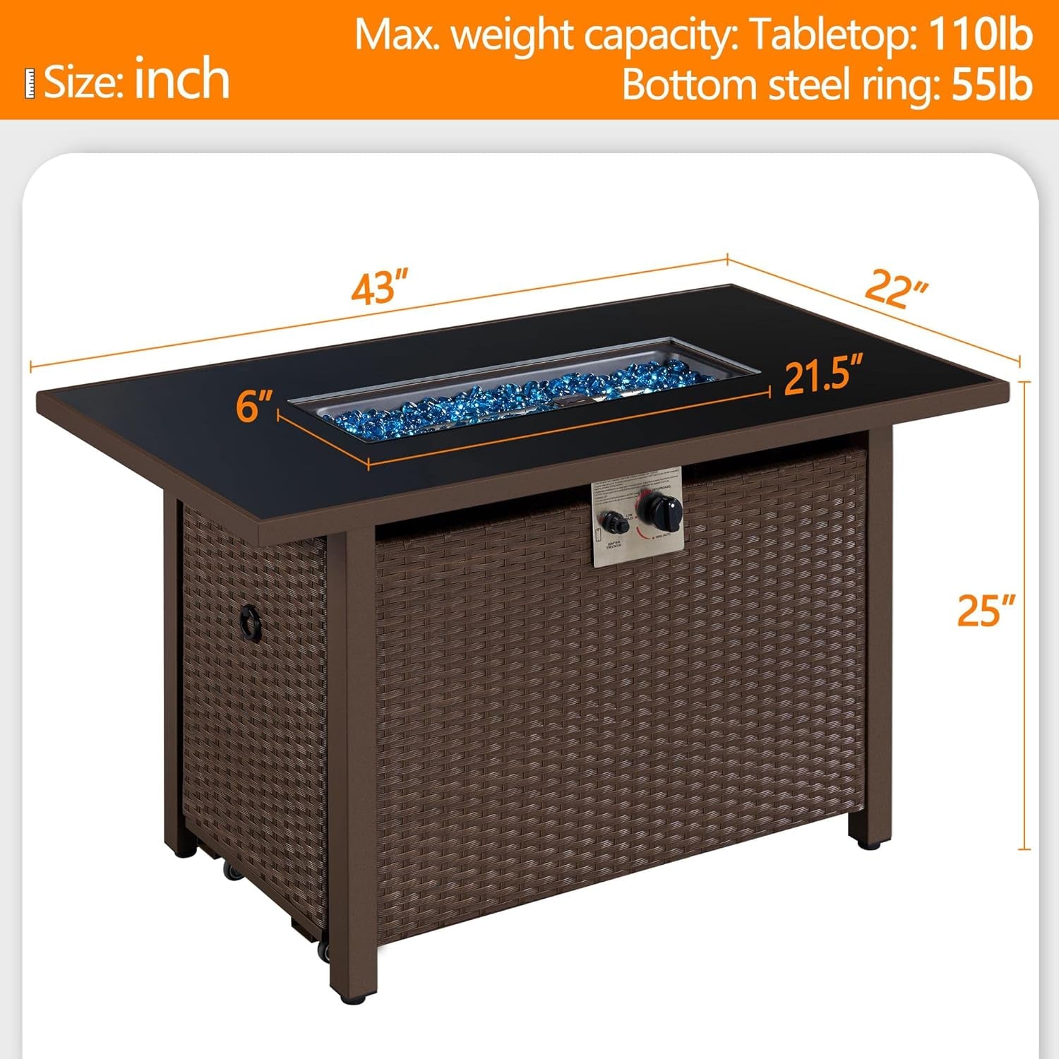 43 in Propane Fire Pit 50,000 BTU Outdoor Gas Fire Pit Table with Tempered Glass Tabletop and Rattan Wicker Base, Rectangle Fire Table for Patio Deck Party Gathering W/Rain Cover, Brown