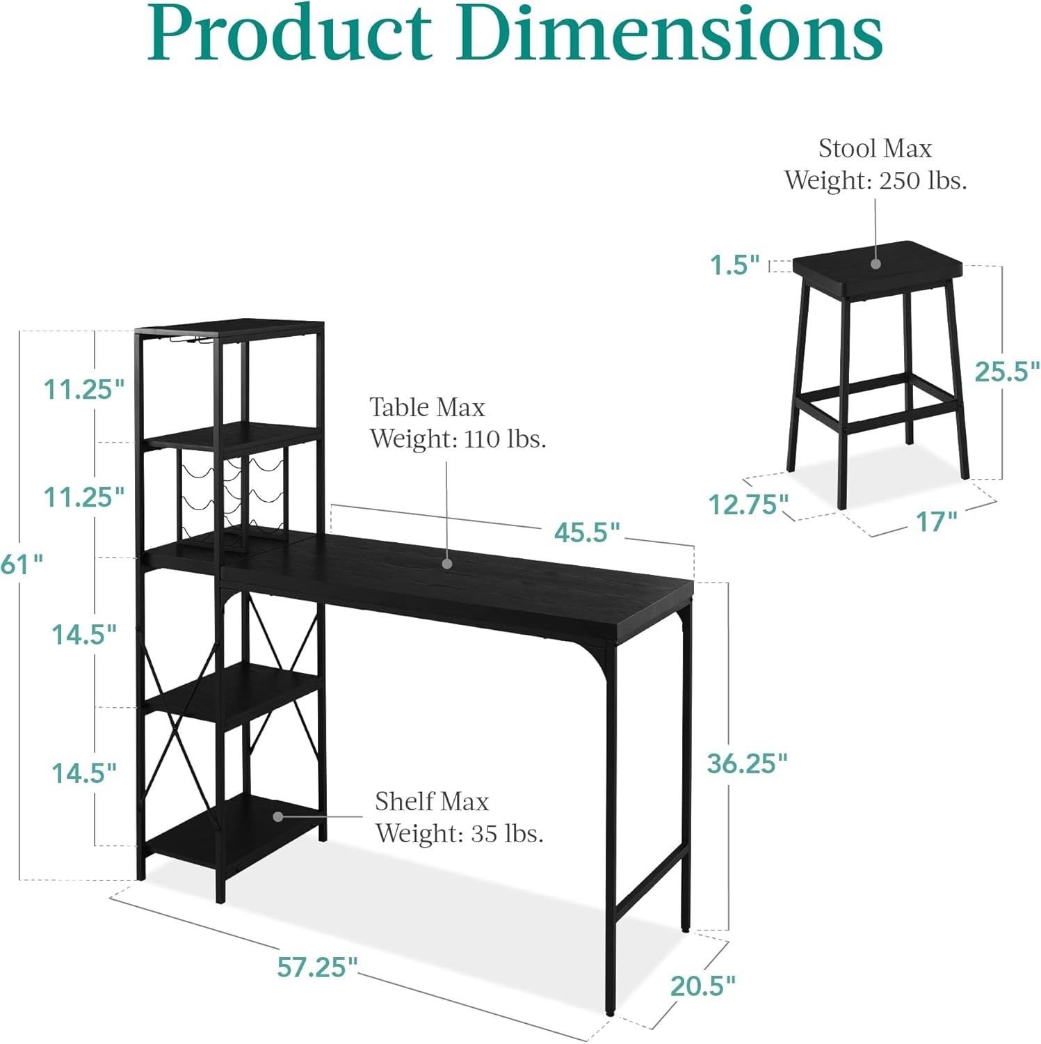 3-Piece Counter Height Dining Set, Desk, Bar, Kitchen Island Table W/ 2 Stools, Wine Rack &amp; Storage Shelves - Black