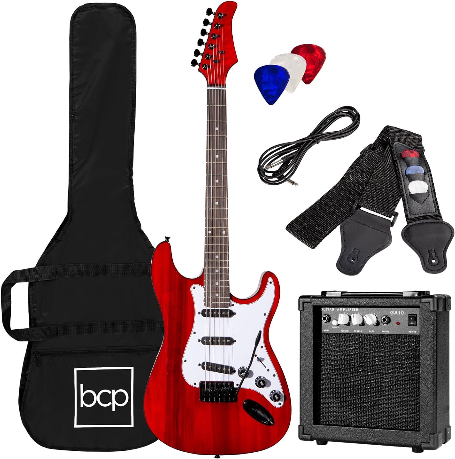 39In Full Size Beginner Electric Guitar Starter Kit W/Case, Strap, 10W Amp, Strings, Pick, Tremolo Bar - Jet Black