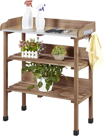 Outdoor Garden Potting Bench Table Wooden Horticulture Planting Worstation W/Metal Tabletop/Storage Shelf/3 Hooks, Natural Wood