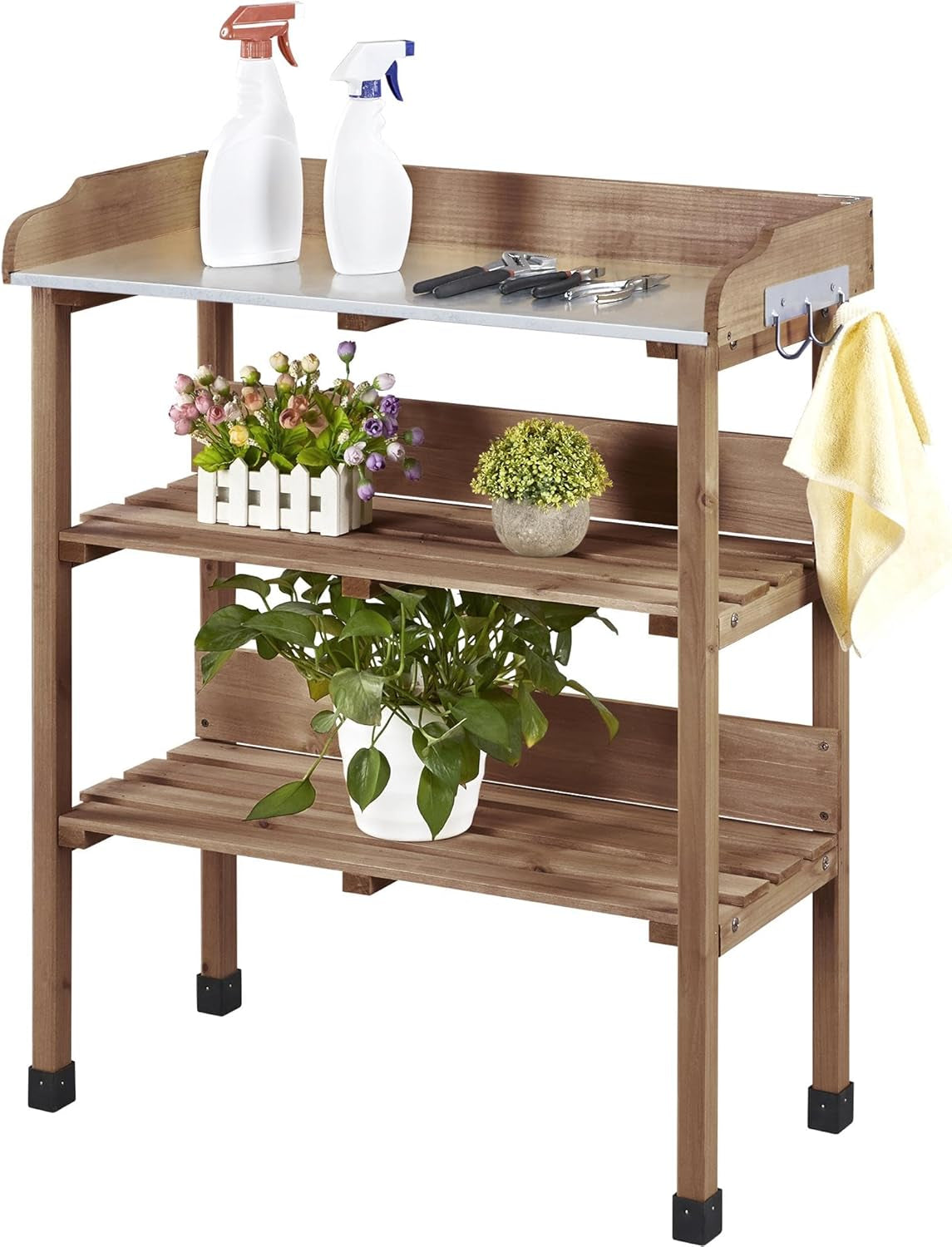 Garden Potting Table Horticulture Potting Bench W/Storage Shelf W/Metal Tabletop W/Hook 3 Shelves Workstation Work Benches Station, Gray