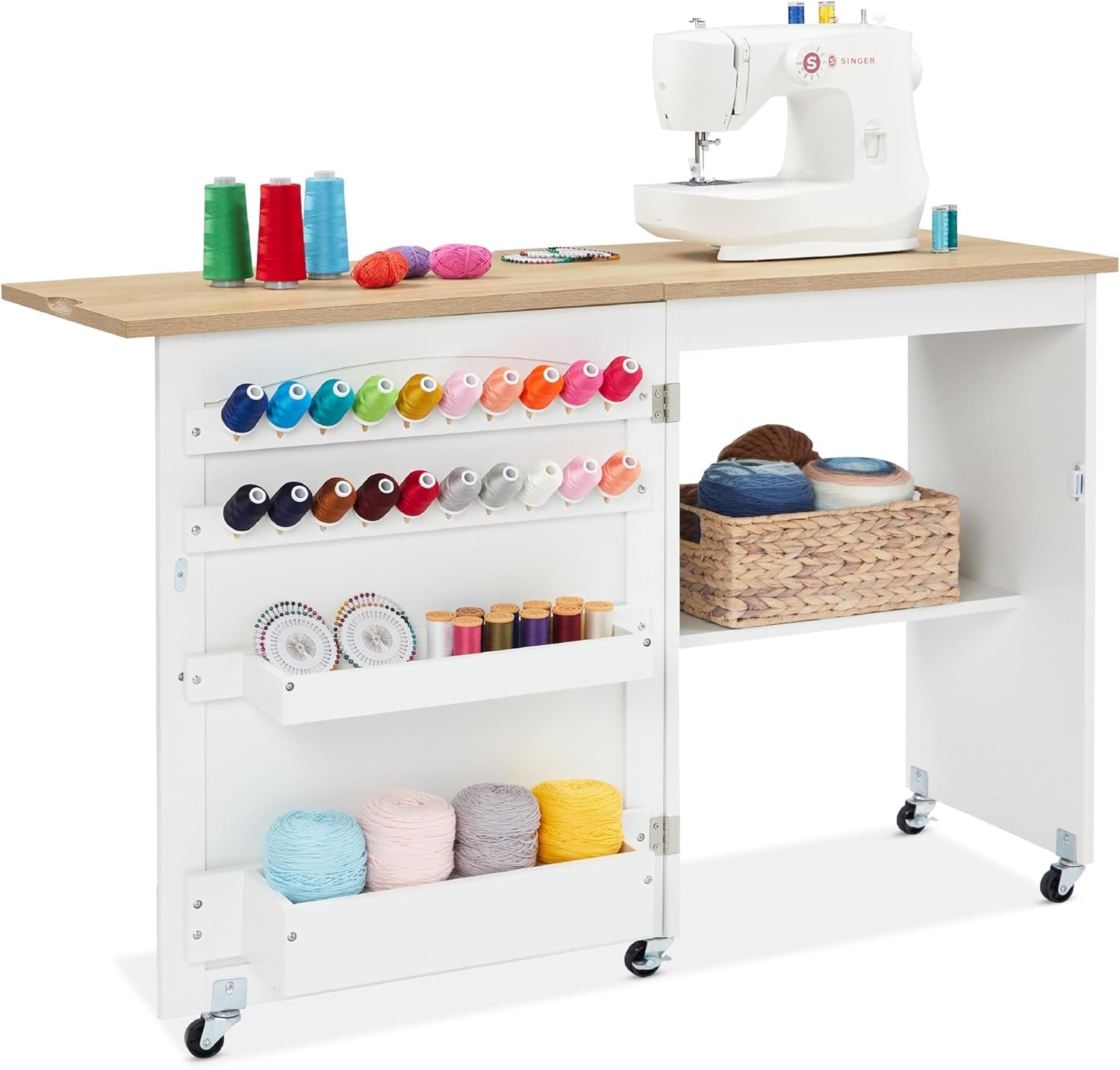 Folding Sewing Table Multipurpose Craft Station &amp; Side Desk with Compact Design, Wheels, Shelves, Storage Trays, Pegs, Magnetic Doors, Metal Doorknobs - White