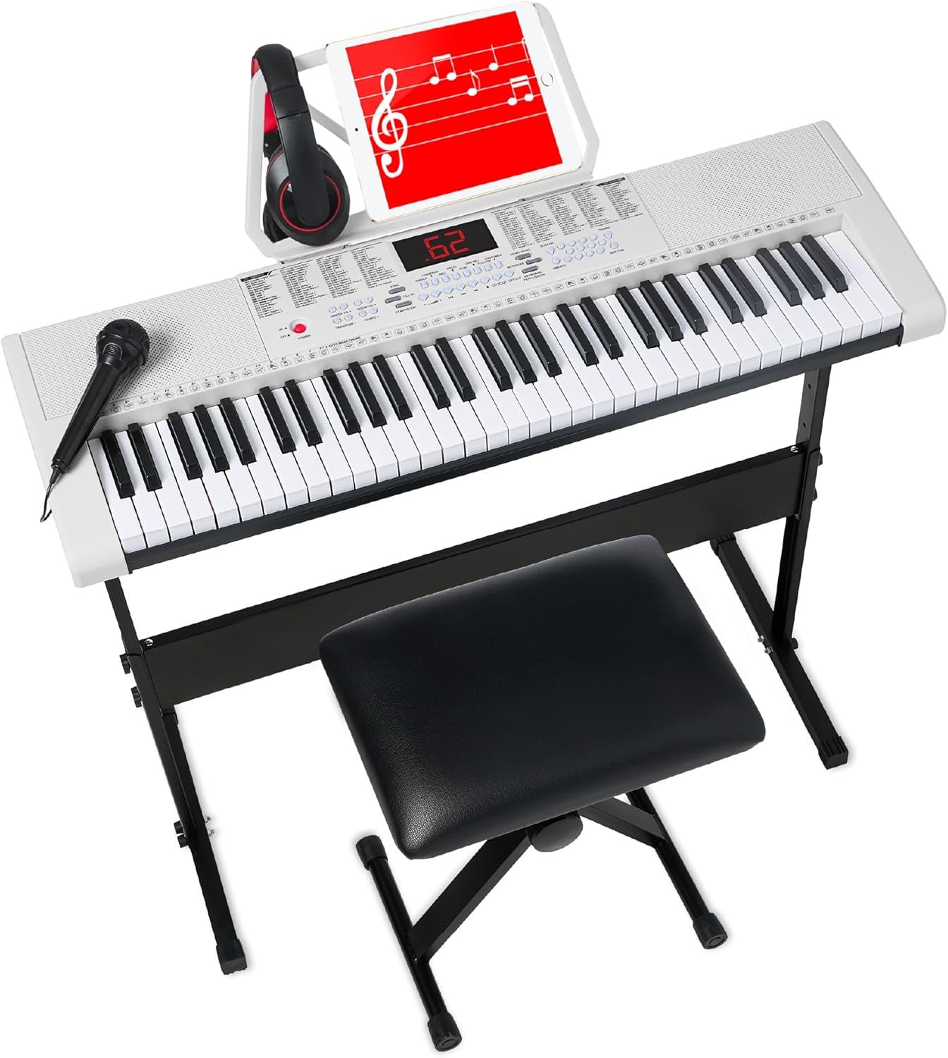 61-Key Electronic Keyboard Piano Portable Electric Keyboard Complete Beginner Set W/Led Screen, Stand, Bench, Headphones - Black