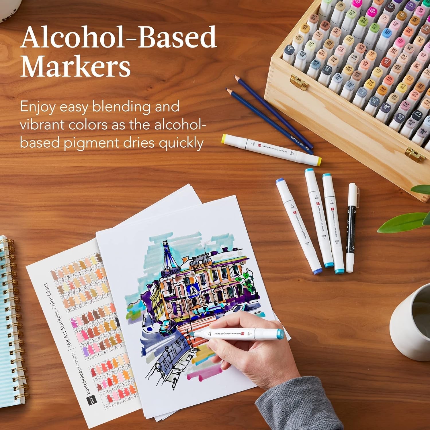 Set of 168 Alcohol-Based Markers, Dual-Tipped Alcohol Markers for Adults, Double-Sided Art Kit W/Brush &amp; Chisel Tip, Color Chart, Wood Carrying Case - Natural