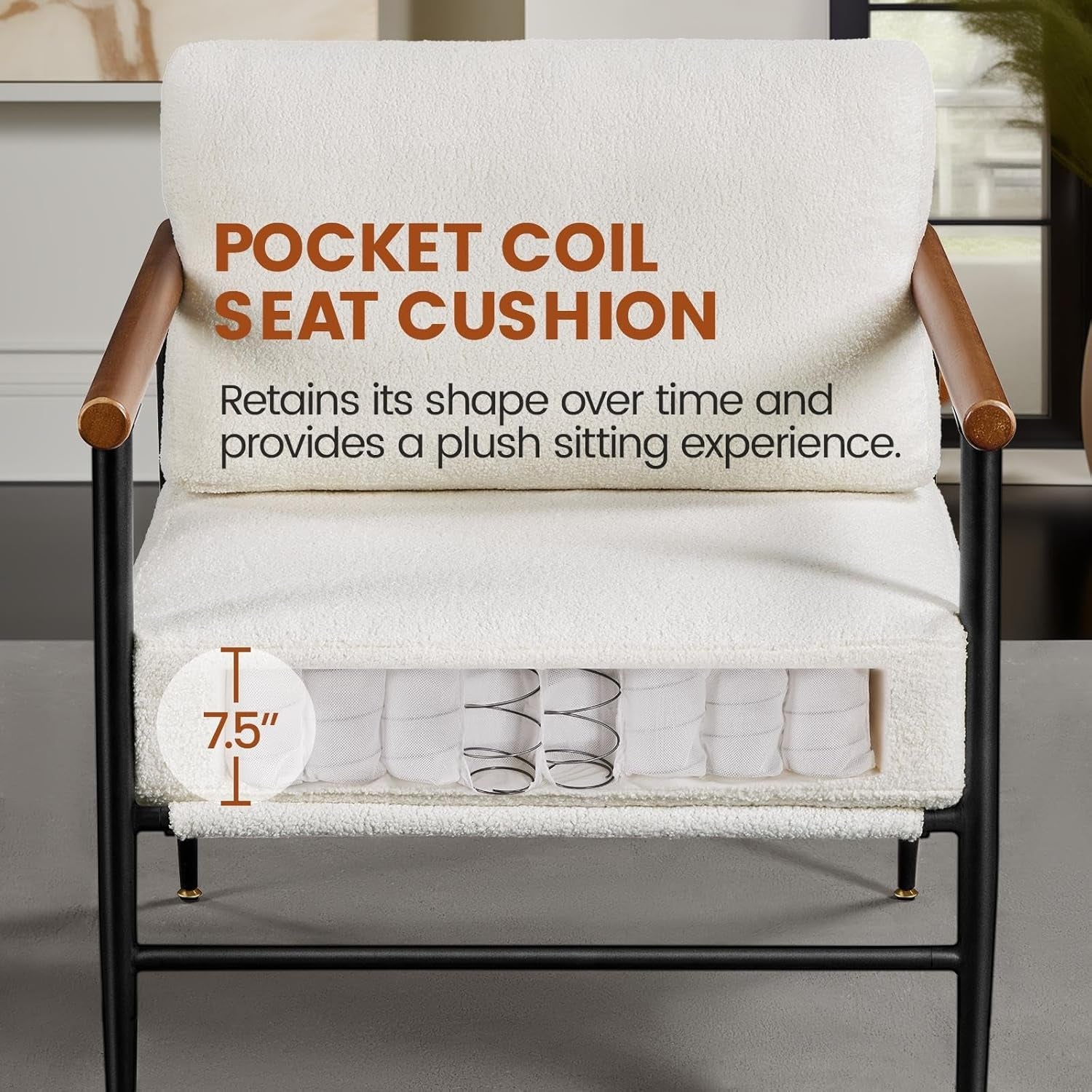 Accent Chair, Modern Vanity Chair, Boucle Fabric Lounge Chair with Metal Frame, Plush Back Pillow and Seat Cushion Pocket Coil Seat for Living Room Bedroom Makeup Room, Ivory