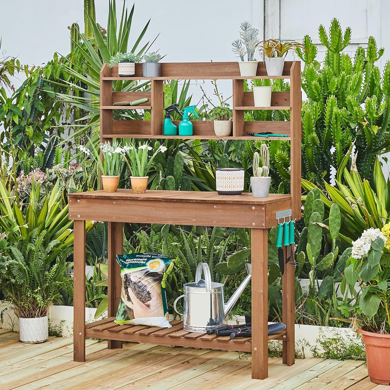 Potting Bench Table Horticulture Germination Table &amp; Outdoor Garden Work Bench Platform W/Display Rack/Storage Shelf/Hanger/Thoughtful Sink Brown