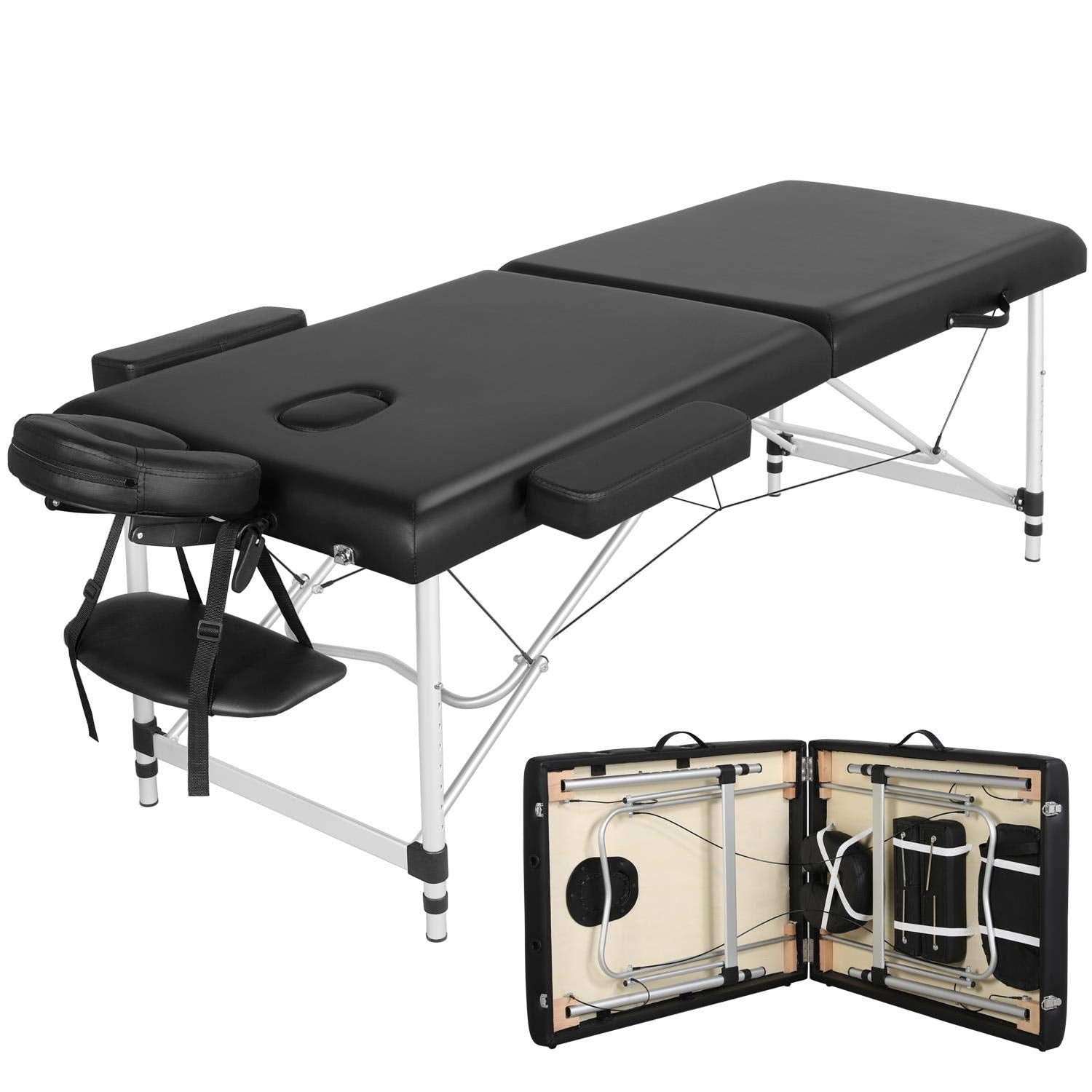 Massage Tables Portable Massage Bed Aluminium Height Adjustable Facial Salon Tattoo Bed with Non-Woven Bag, 28 Inch Width Black