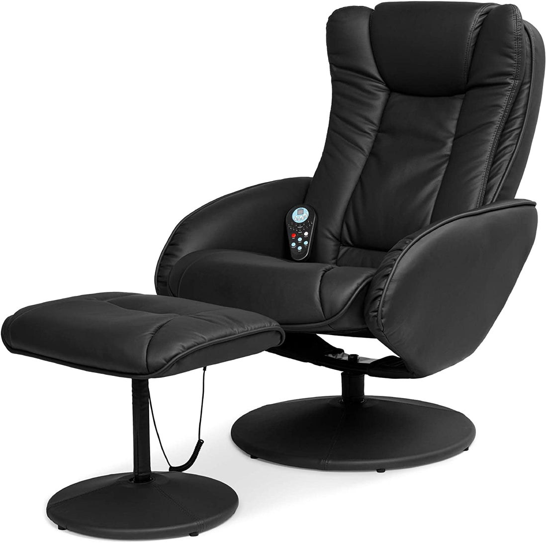 Faux Leather Electric Massage Recliner W/Stool Footrest Ottoman, Remote Control, 5 Heat &amp; Massage Modes, Side Pockets - Black