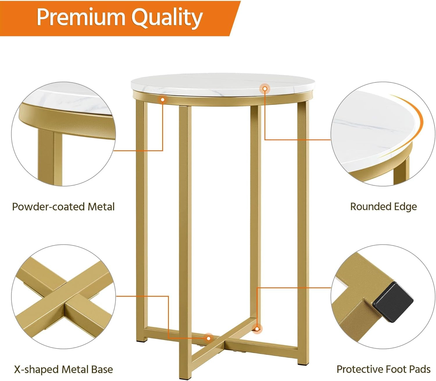 Faux Marble Side Table, 16In End Table Modern Accent Sofa Table W/X-Based, round Tabletop, Sturdy Metal Legs for Living Room, Mustard Gold