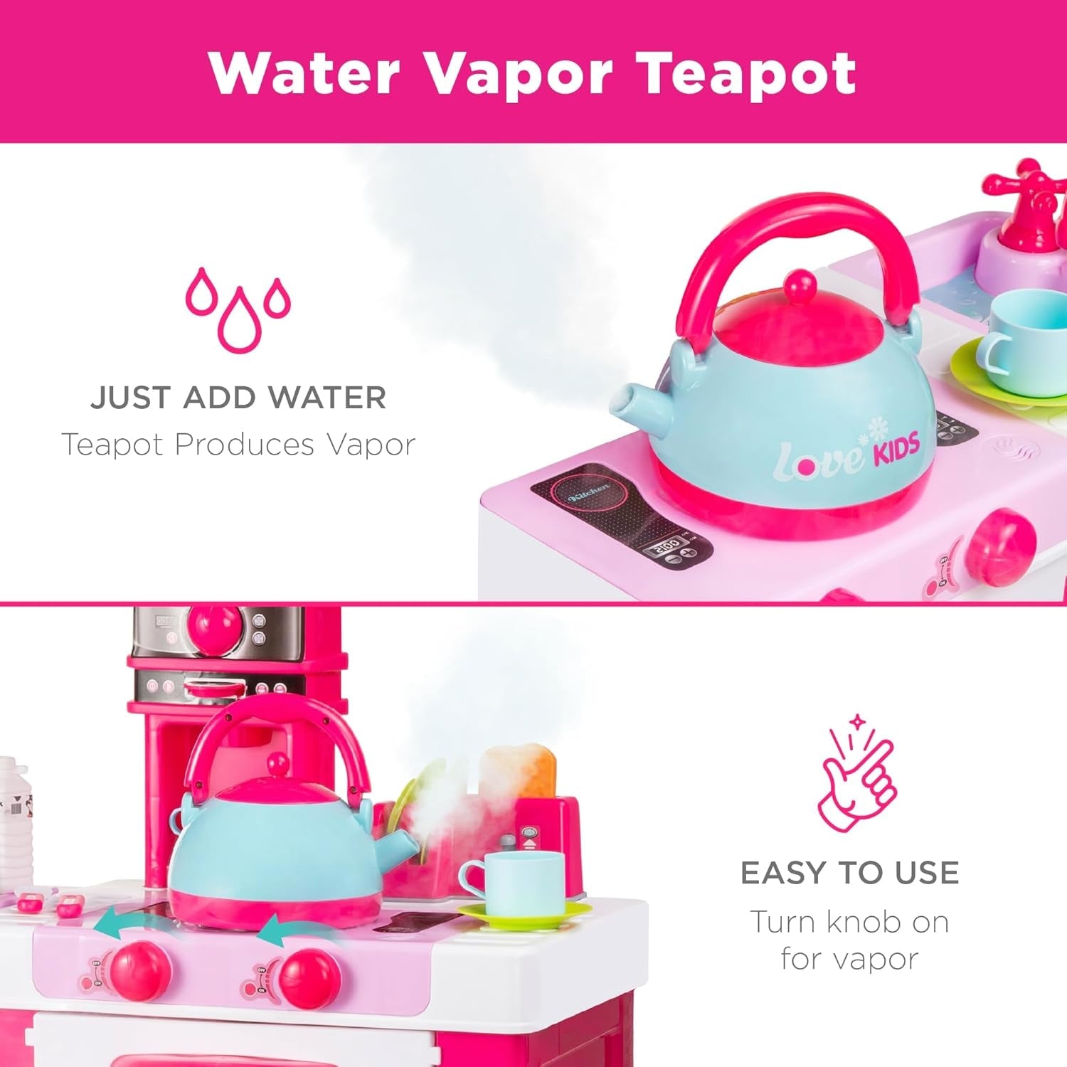 Pretend Play Kitchen Toy Set for Kids with Water Vapor Teapot, 34 Accessories, Sounds, Realistic Design, Utensils, Oven, Food, Sink - Pink