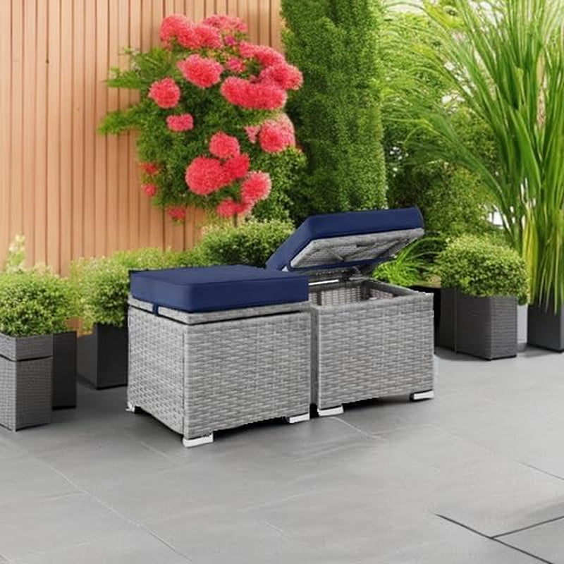 Set of 2 Wicker Ottomans, Multipurpose Outdoor Furniture for Patio, Backyard, Additional Seating, Footrest, Side Table W/Storage, Removable Cushions - Gray/Navy