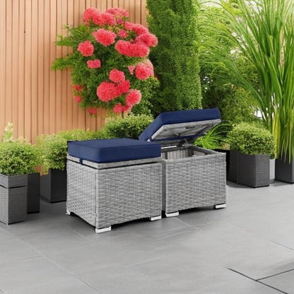 Set of 2 Wicker Ottomans, Multipurpose Outdoor Furniture for Patio, Backyard, Additional Seating, Footrest, Side Table W/Storage, Removable Cushions - Gray/Navy