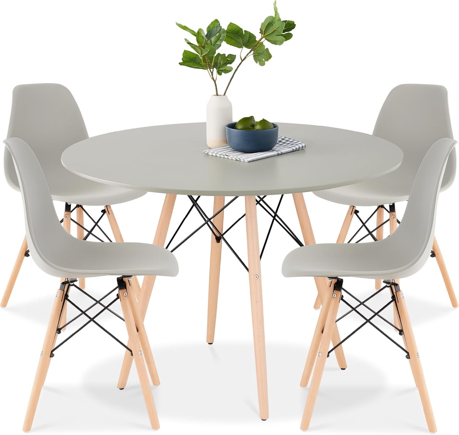 5-Piece Dining Set, Compact Mid-Century Modern Table &amp; Chair Set for Home, Apartment W/ 4 Chairs, Plastic Seats, Wooden Legs, Metal Frame - Light Green/Oak