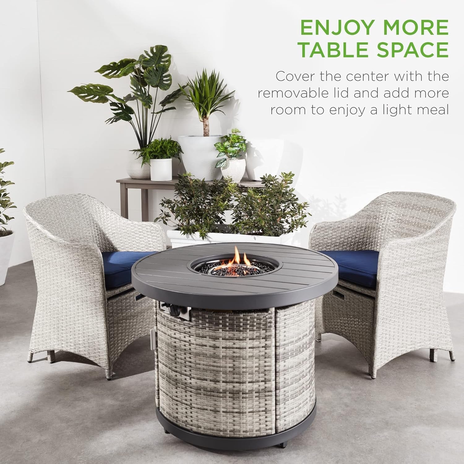 32In round Gas Fire Pit Table, 50,000 BTU Outdoor Wicker Patio Propane Firepit W/Faux Wood Table Top, Glass Beads, Cover, Hideaway Tank Holder, Lid - Gray