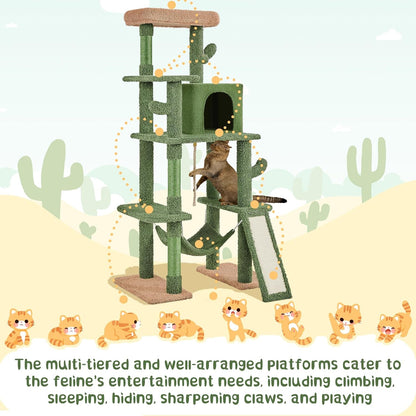 Cactus Cat Tree, 63″ H Multi-Level Cat Tower for Indoor Cats, Cat Climbing Tower Tall Cat Tree with Sisal-Covered Scratching Posts &amp; Condo &amp; Hammock, Cat Furniture Activity Center for Kitten