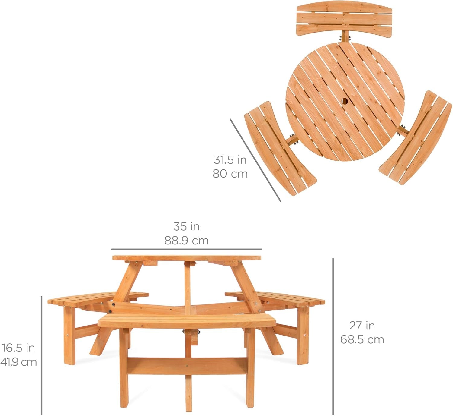 6-Person Circular Outdoor Wooden Picnic Table for Patio, Backyard, Garden, DIY W/ 3 Built-In Benches, 500Lb Capacity - Natural