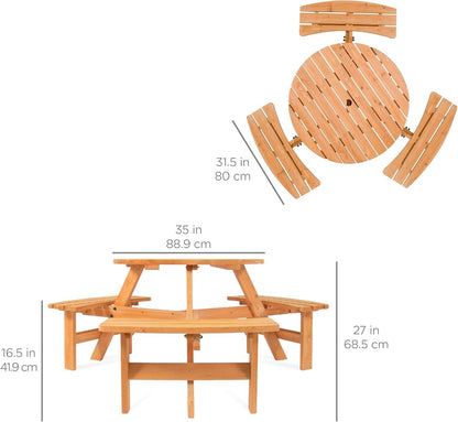 6-Person Circular Outdoor Wooden Picnic Table for Patio, Backyard, Garden, DIY W/ 3 Built-In Benches, 500Lb Capacity - Natural