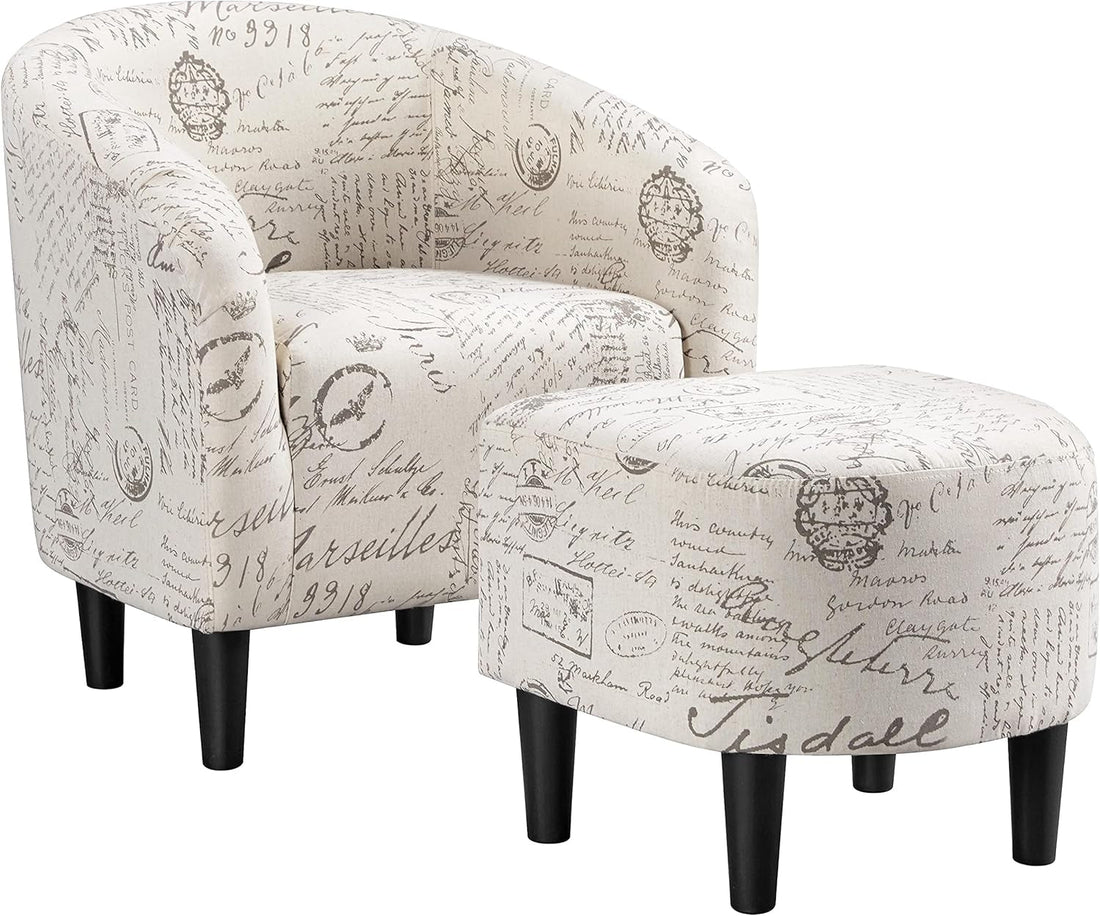 Modren Club Chair with Ottoman, Fabric Accent Armchair with Footstool, Upholstered Barrel Chair and Footrest for Living Room Bedroom Guestroom, Letter Print