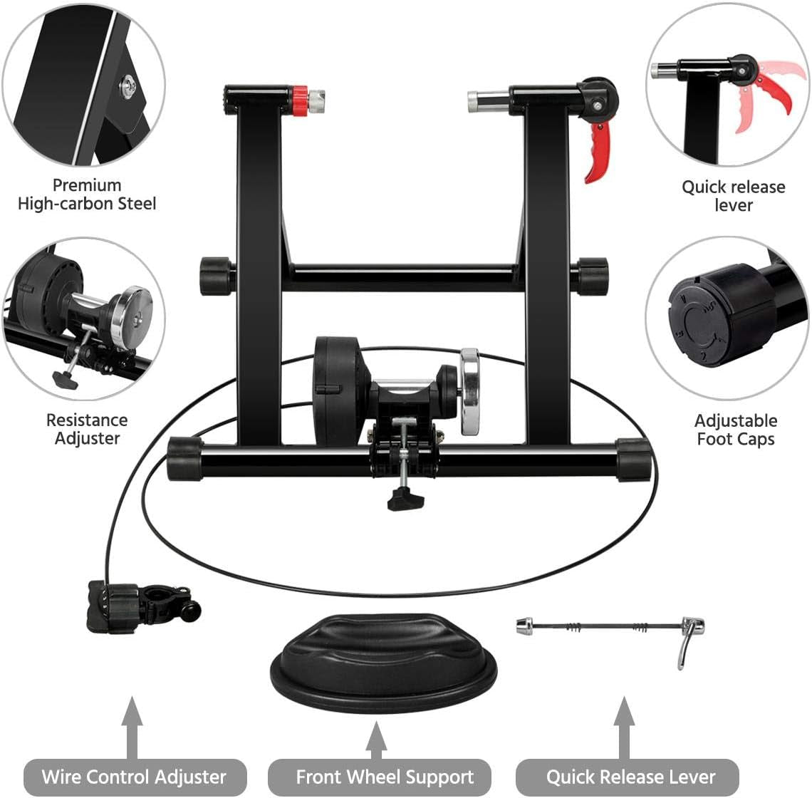 Magnetic Bike Trainer Stand W/ 6 Speed Level Wire Control Adjuster,Noise Reduction,Quick-Release &amp; Front Wheel Riser Resistance Foldable Bicycle Exercise Stand for Mountain &amp; Road Bikes