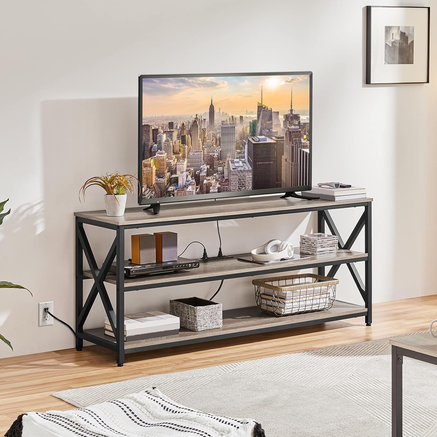 TV Stand for TV up to 65 Inch, Media Entertainment Center with Power Outlets &amp; 3 Tier Storage Shelves, 55 Inches TV Console Table for Living Room, Bedroom, Gray