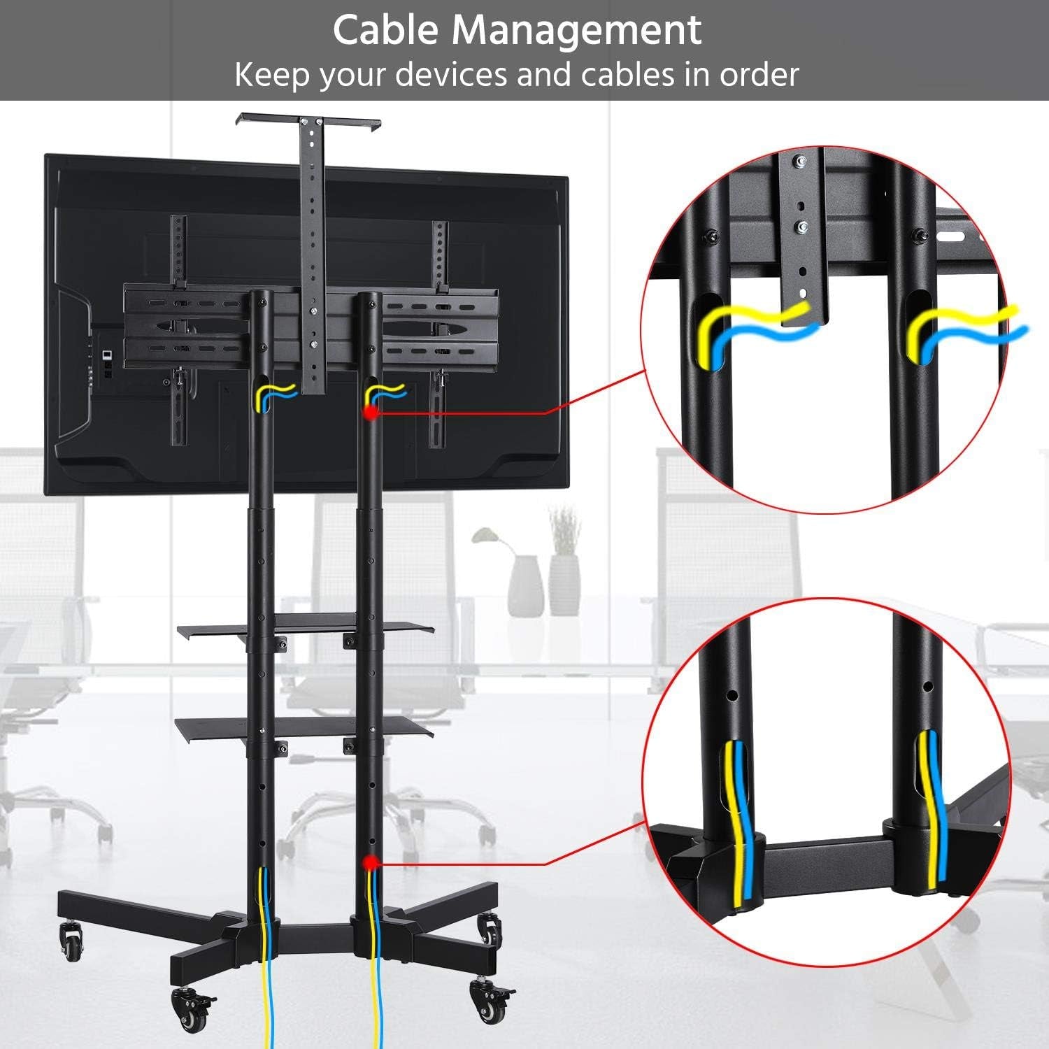 Mobile TV Stand, Adjustable Rolling TV Cart W/ Locking Wheels for 32-75&quot; LCD LED Plasma Flat Panel Screen TV up to 110LB, Portable TV Cart Stand W/ Flexible Laptop Shelf, Max. VESA 600X400