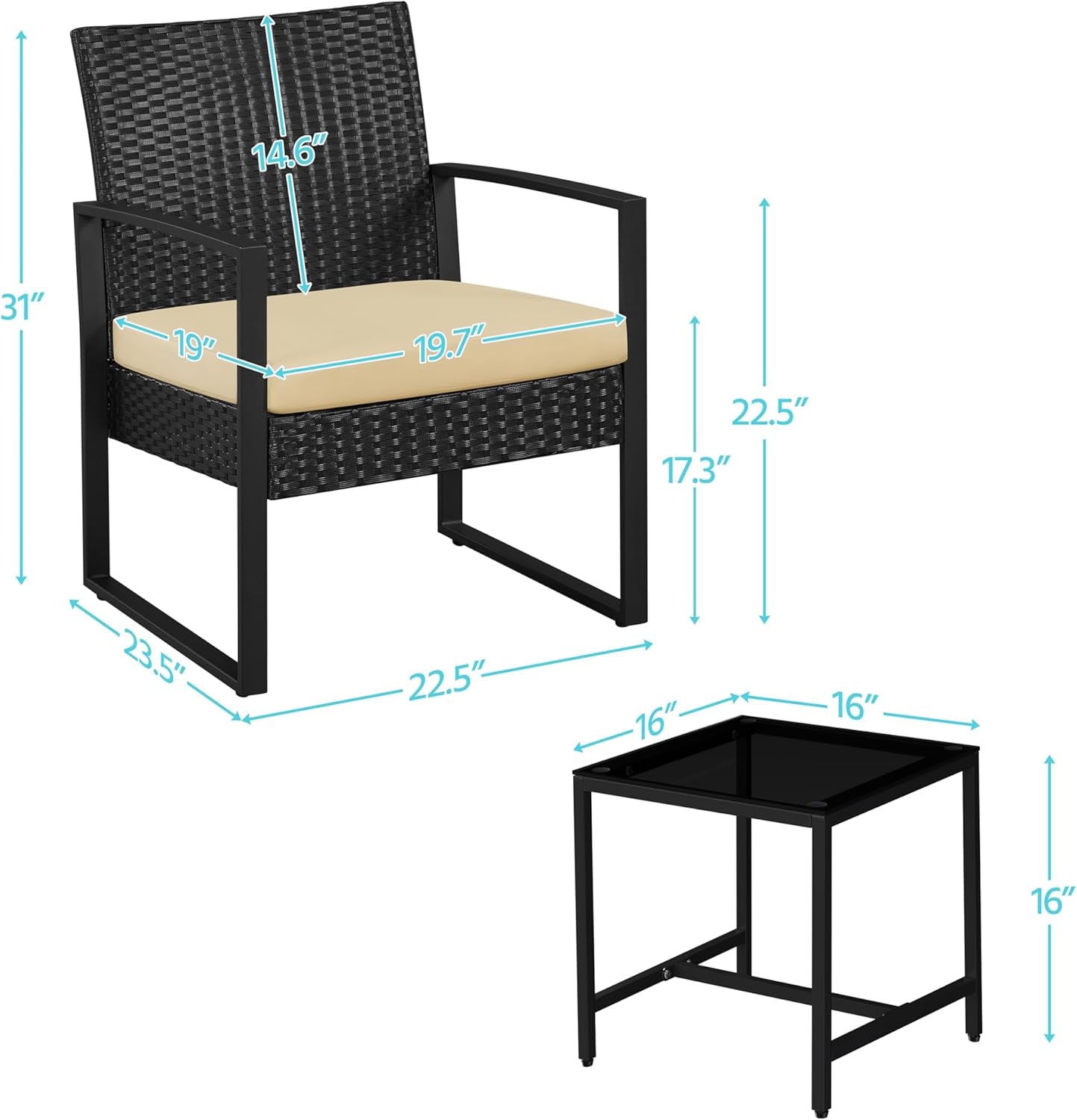 3 Pieces Rattan Bistro Set, Indoor/Outdoor Wicker Patio Modern Conversation Furniture, 2 Chairs &amp; Tempered Glass Coffee Table for Garden, Balcony, Backyard, Poolside, Black/Khaki