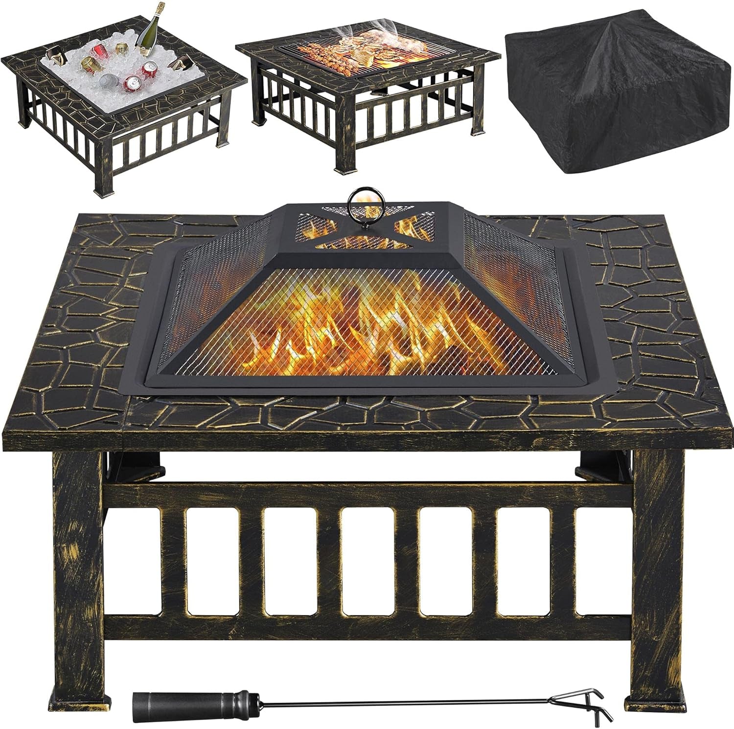 Multifunctional Fire Pit Table 32In Square Metal Firepit Stove Backyard Patio Garden Fireplace for Camping, Outdoor Heating, Bonfire and Picnic