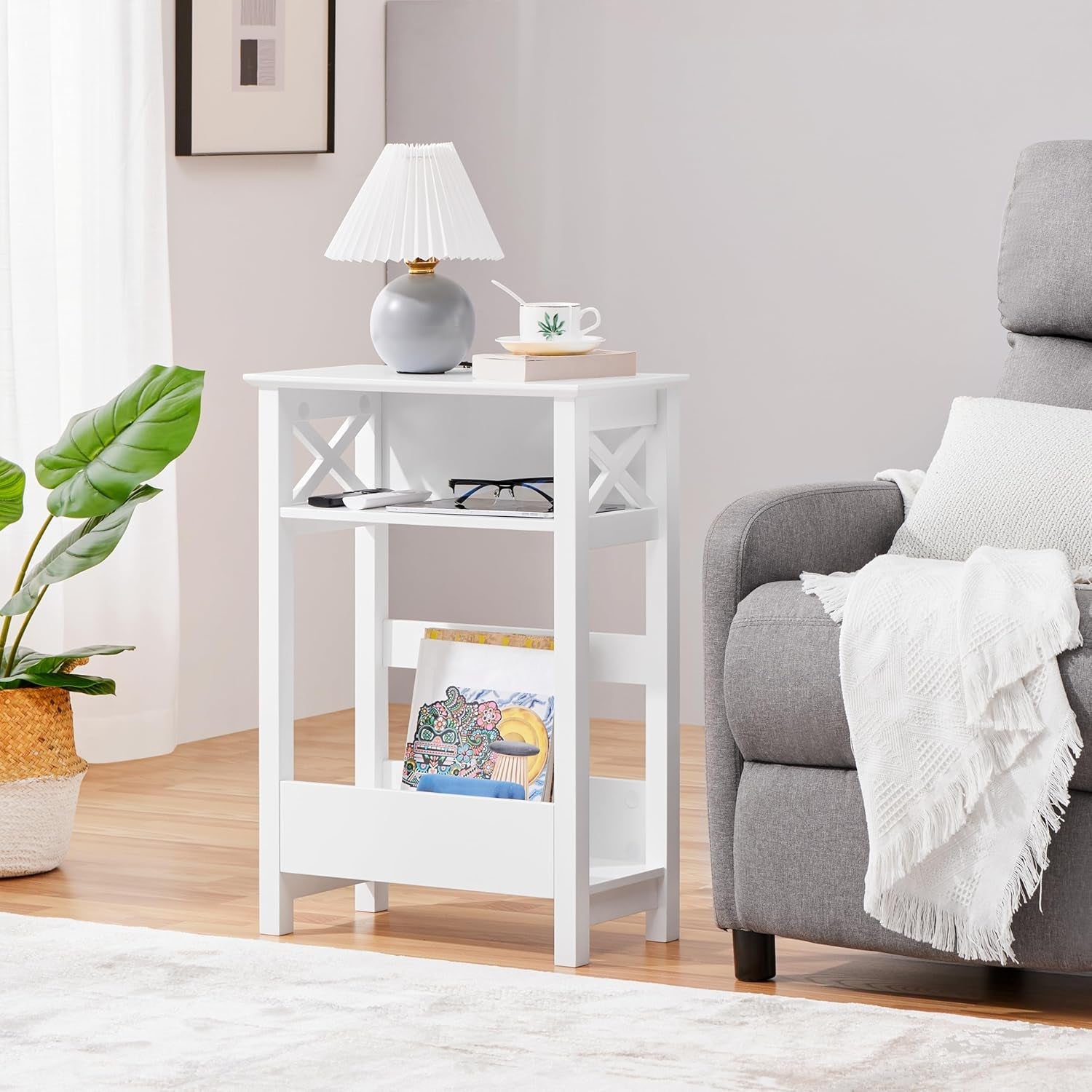 Small Side Table with Storage Shelf, 3-Tier Slim End Table with Magazine Rack, X Shaped Magazine Table for Living Room Home Office Balcony Small Spaces, Effortless Assembly, White