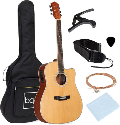 Beginner Acoustic Electric Guitar Starter Set 41In W/All Wood Cutaway Design, Case, Strap, Picks - Black