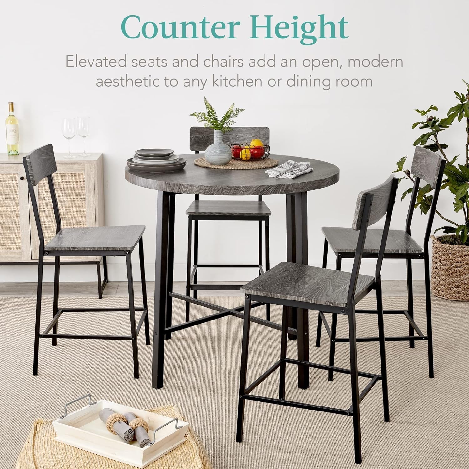 5-Piece Modern round Counter Height Dining Set for Home Kitchen, Dining Room W/ 4 Chairs, 1.5In Thick Table - Gray