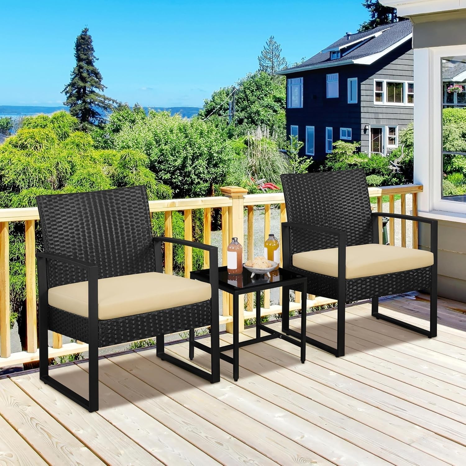 3 Pieces Rattan Bistro Set, Indoor/Outdoor Wicker Patio Modern Conversation Furniture, 2 Chairs &amp; Tempered Glass Coffee Table for Garden, Balcony, Backyard, Poolside, Black/Khaki