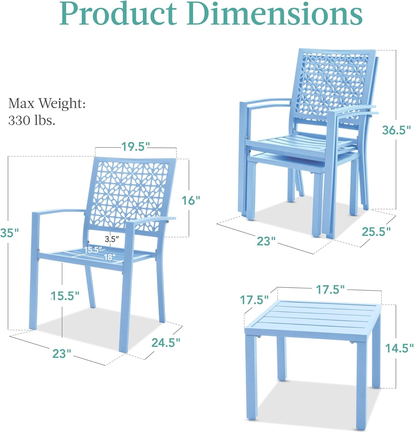 3-Piece Outdoor Bistro Set, Stackable Modern Steel Furniture for Porch, Garden W/ 2 Chairs, Table, Geometric Decor - Sky Blue