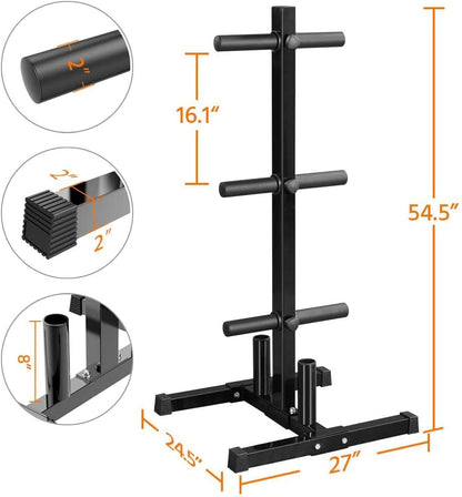 2-Inch Barbell Plate and Dumbbell Racks Tree Olympic Plate Rack Weight Bumper Plate Holder W/ 2 Bar Holder