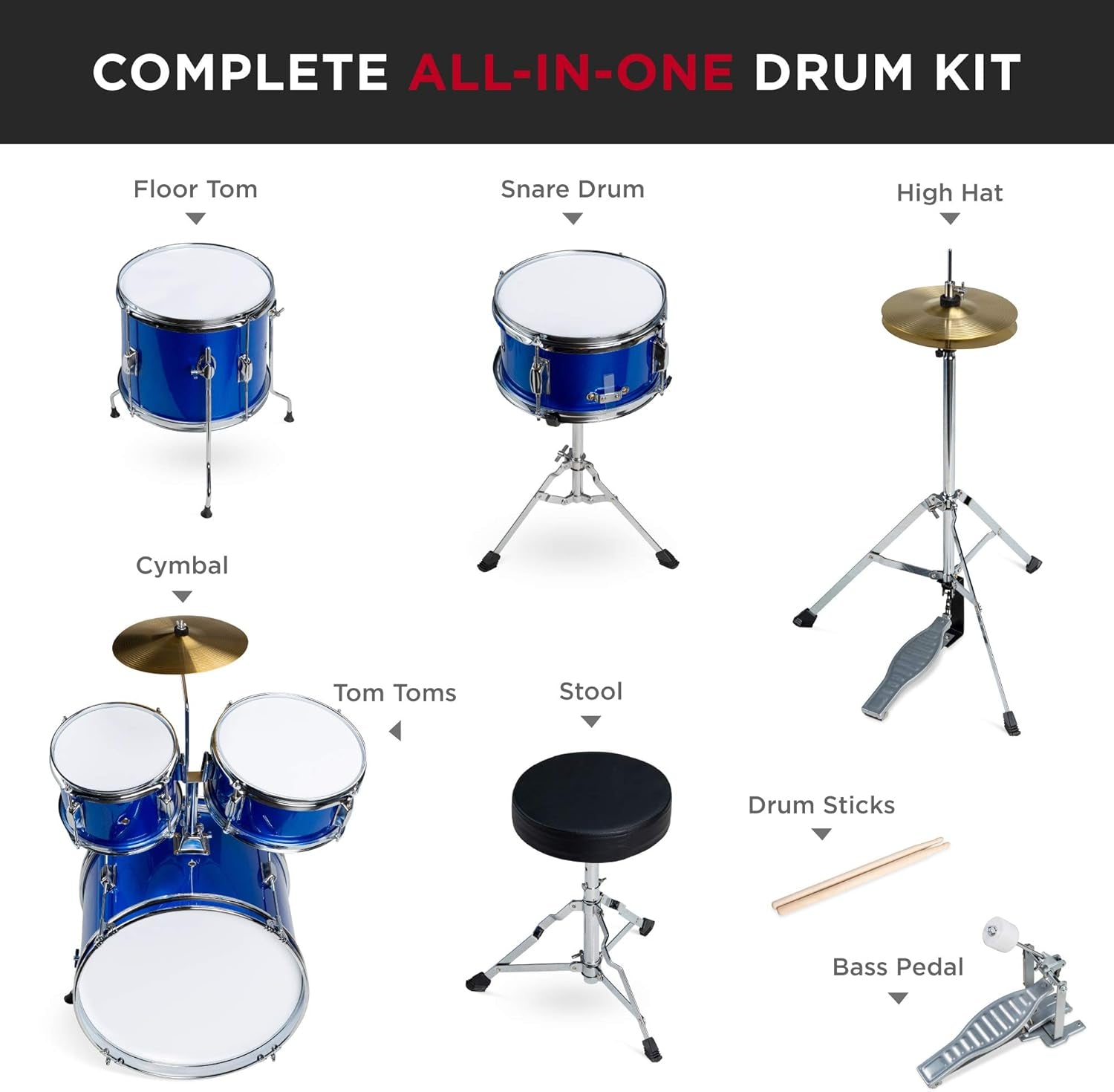 Kids Drum Set 5-Piece 16In Beginner Drum Set Junior Drum Kit, Starter Percussion Set W/Cymbals, Pedal, Drumsticks, Stool, Toms, Snare, Hi Hat - Blue