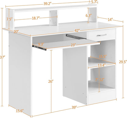 Home Office Wood Computer Desk with Keyboard Tray and Drawers, Students Writing Table with Storage Drawers &amp; Hutch, Modern PC Laptop Desk, Multifunctional Workstation, White