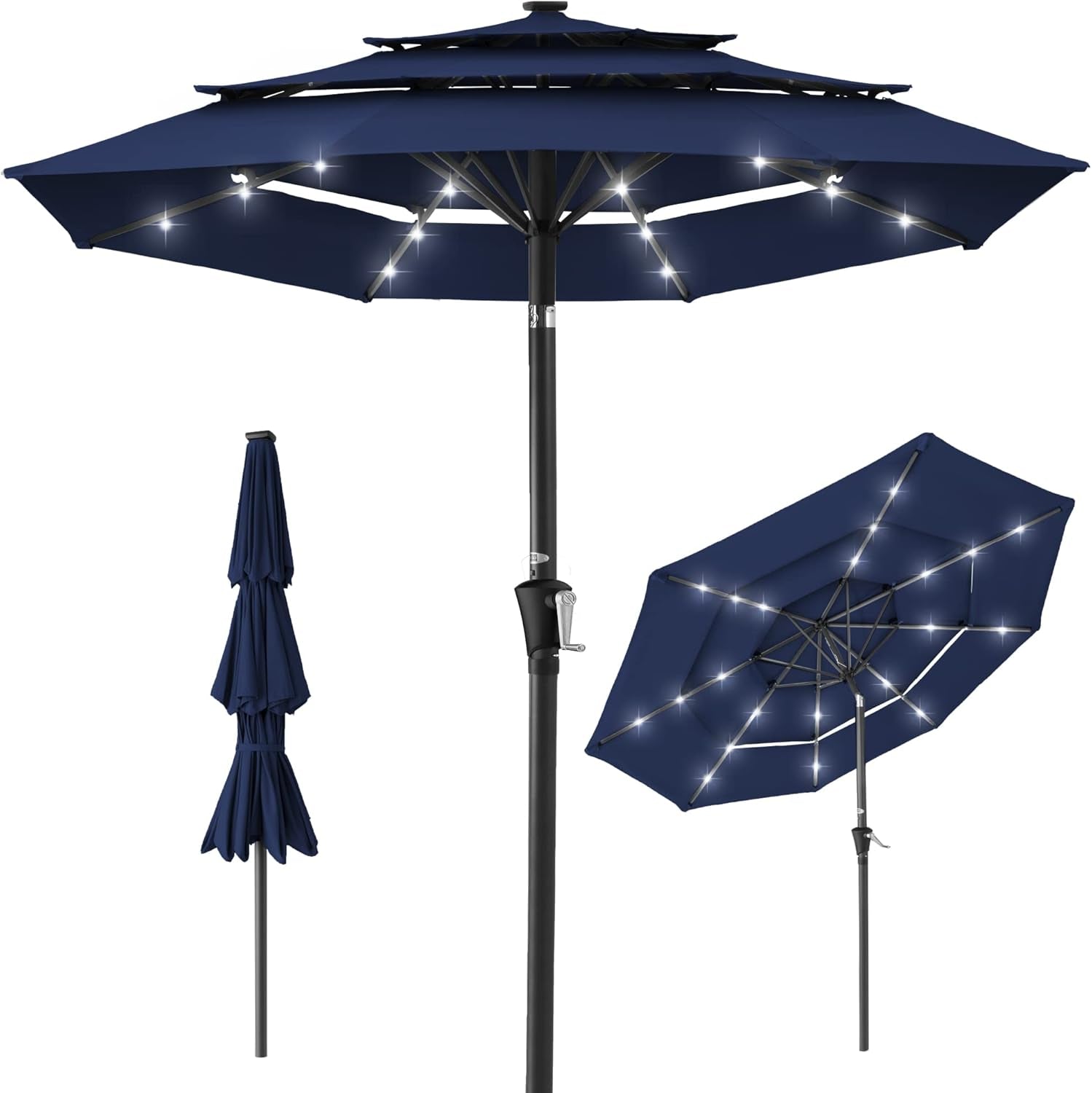 10Ft 3-Tier Solar Patio Umbrella, Outdoor Market Sun Shade for Backyard, Deck, Poolside W/ 24 LED Lights, Tilt Adjustment, Easy Crank, 8 Ribs - Tan