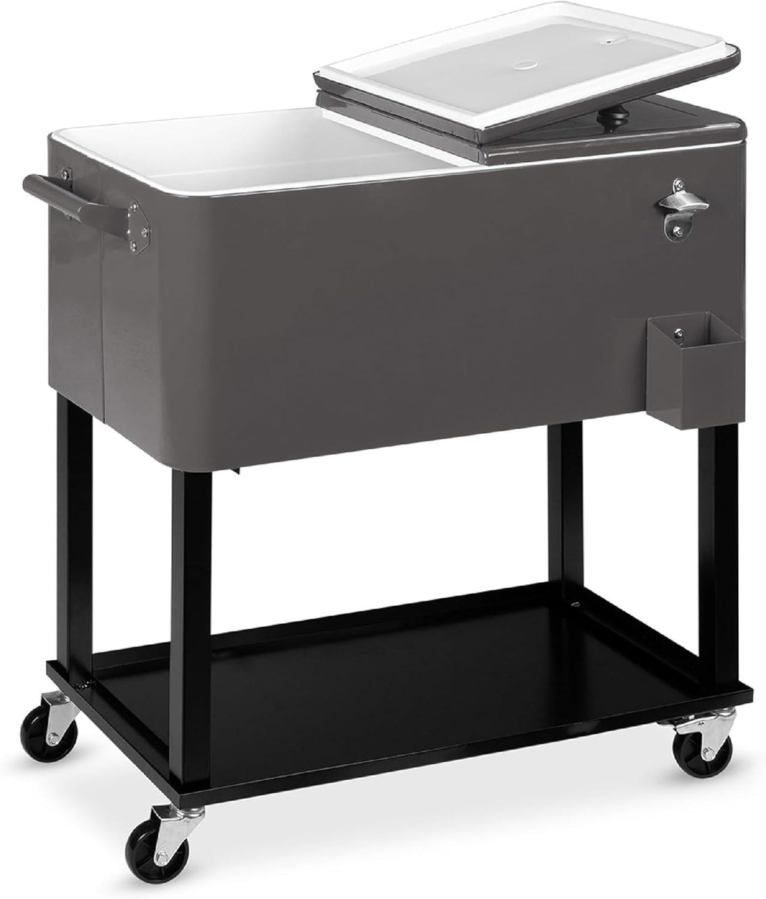 80-Quart Outdoor Steel Rolling Cooler Cart W/Ice Chest, Bottle Opener, Catch Tray, Drain Plug, Locking Wheels