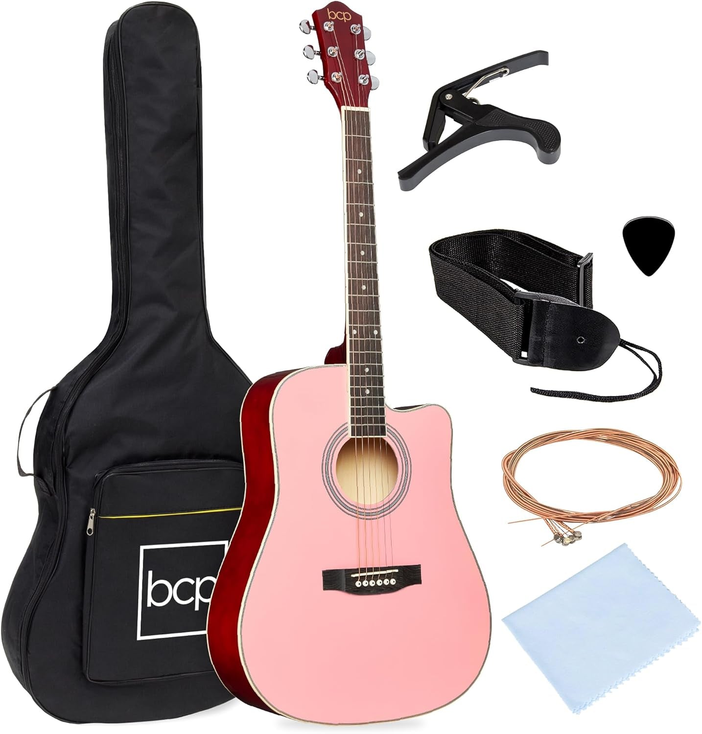 41In Beginner Acoustic Guitar Full Size All Wood Cutaway Guitar Starter Set Bundle with Case, Strap, Capo, Strings, Picks - Black