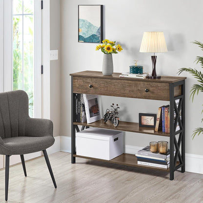 Console Table with Drawer and 2 Open Storage Shelves, Sofa Table for Living Room, 3-Tier Narrow Entryway Table, X-Shaped Design, Taupe Wood