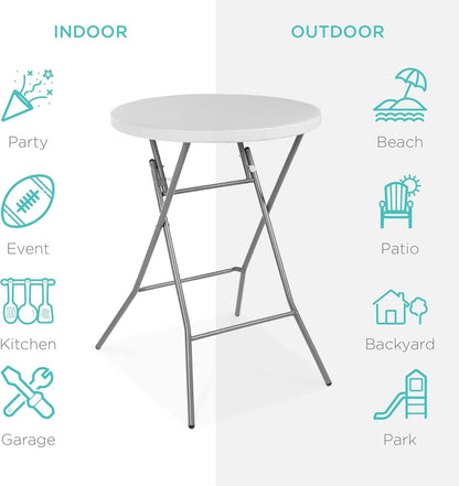 32In Bar Height Folding Table, round Indoor Outdoor Accessory for Patio, Backyard, Dining Room, Events W/Thick Table Top, Metal Frame, Locking Legs, 330Lb Weight Capacity - White