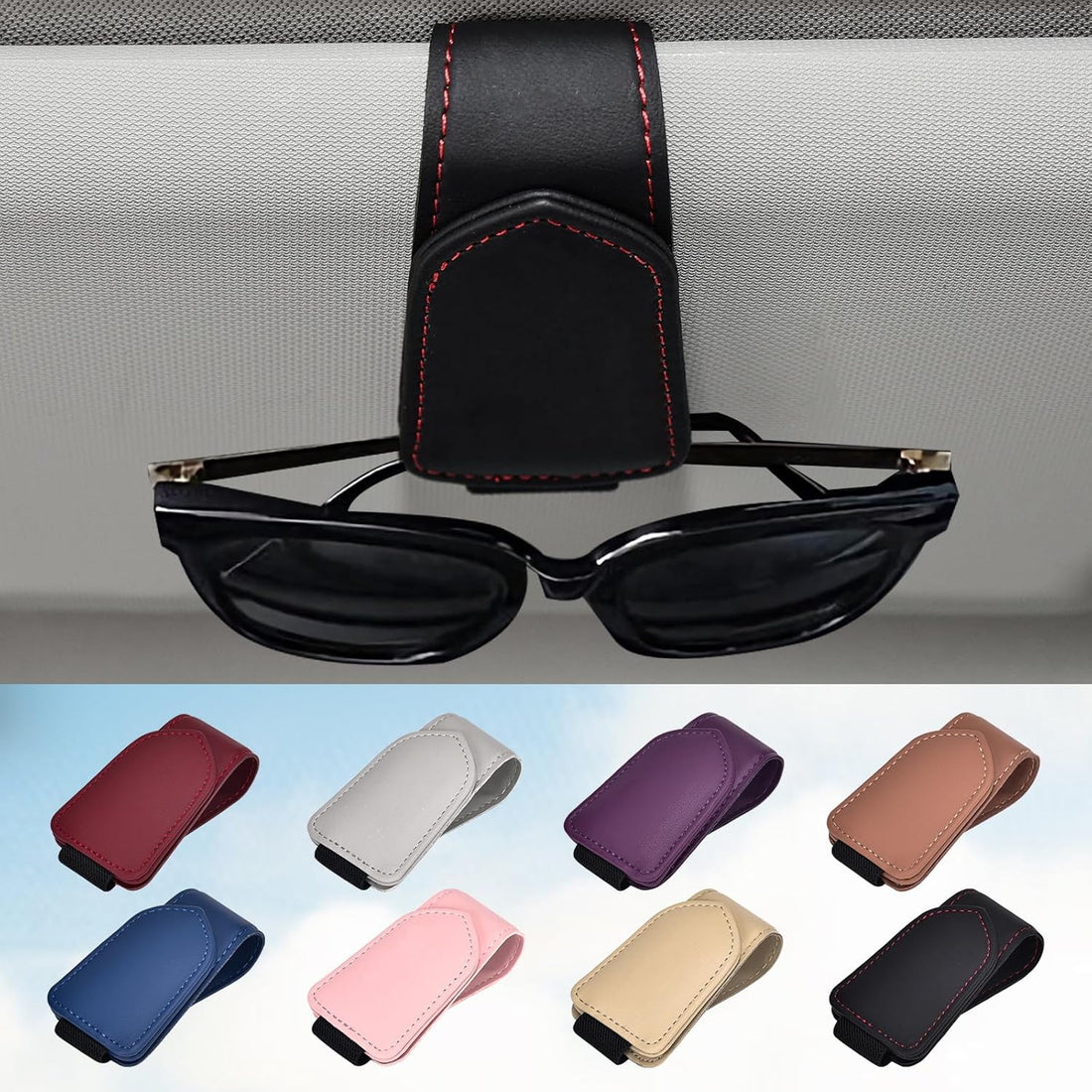 Black Sunglasses Holder for Car Visor, Magnetic Leather Sunglasses Clip for Car Visor, Car Accessories for Women and Men Interior, 1 Pack Visor Sunglasses Holder Clip（Black）