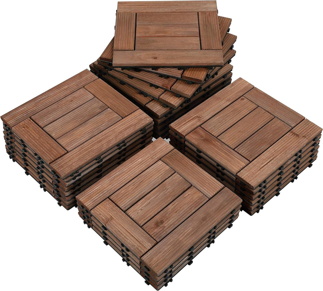 27PCS Wooden Flooring Patio Deck Tiles Interlocking Tiles Patio Solid Wood and Plastic Indoor&amp;Outdoor 12 X 12In Brown