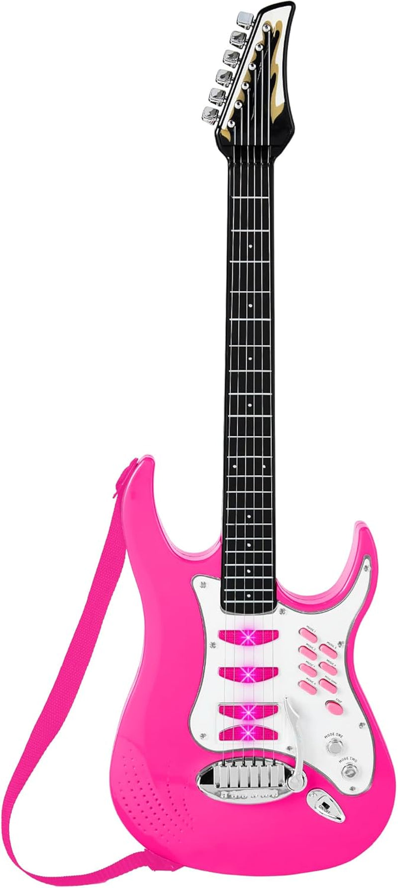 Kids Electric Musical Guitar Play Set, Toy Guitar Starter Kit Bundle W/ 6 Demo Songs, Whammy Bar, Microphone, Amp, AUX, 2 Sticker Sheets - Pink